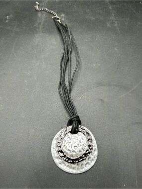 Silver-Tone Textured hammered Disc Pendant Necklace - Black Cord